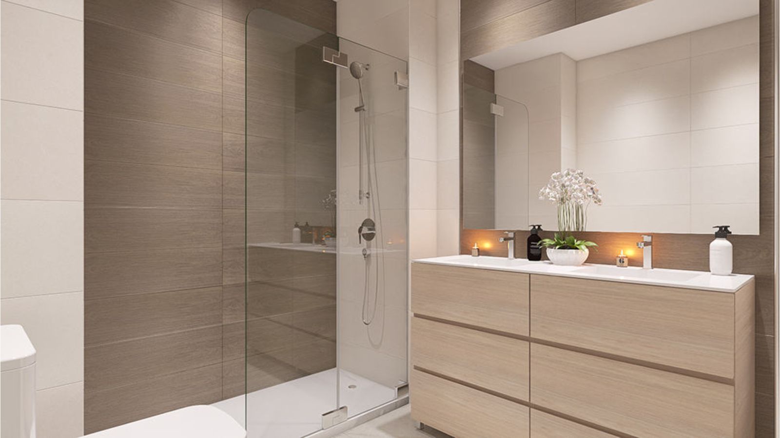 Moderne badkamer met douche en wastafelmeubel