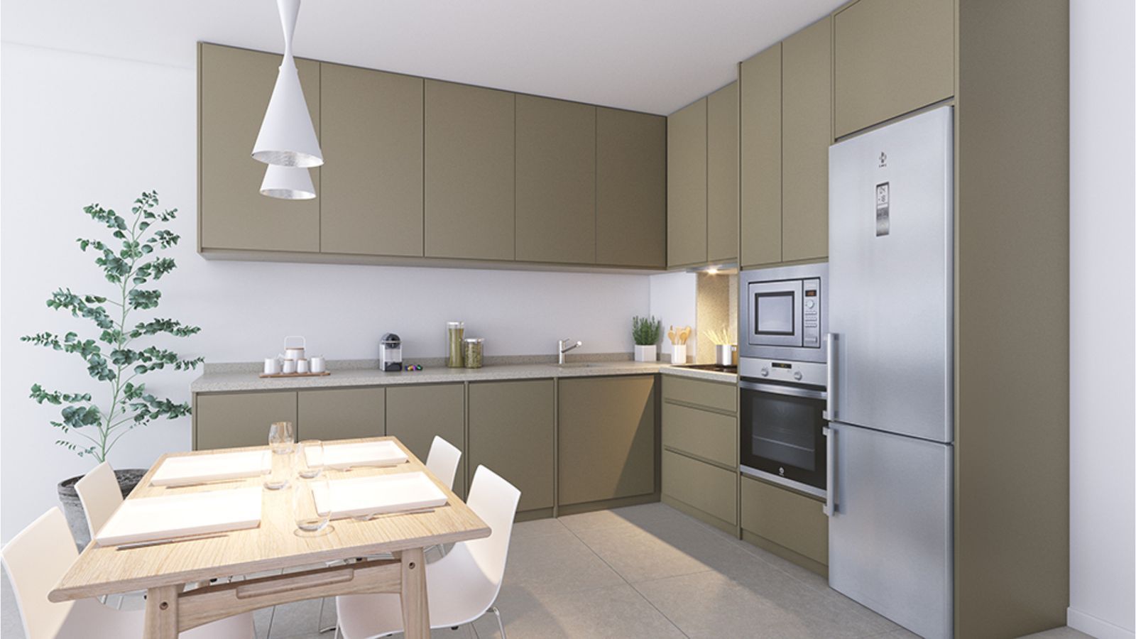 Moderne keuken met eethoek en olijfgroene kasten