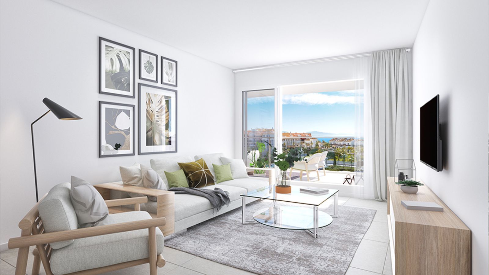 Modern appartement interieur met uitzicht op zee